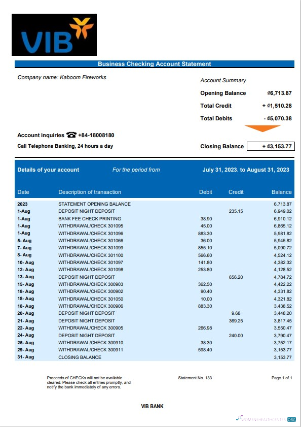 Download VIB Bank business checking account statement Word and PDF template Photoshop template